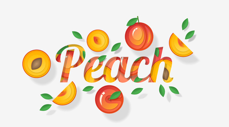 Word peach design decorated with peach fruits and leaves in paper art style , vector , illustrationのイラスト素材