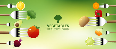 Vegetables on forks isolated on natural background , healthy food concept , vector , illustrationのイラスト素材