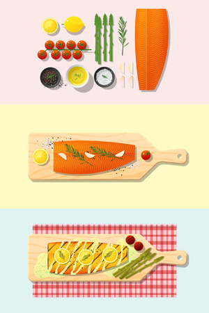 Set of salmon steak recipe , preparation cooking and plating , vector , illustrationのイラスト素材
