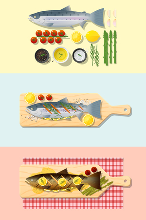 Set of salmon steak recipe , preparation cooking and plating , vector , illustrationのイラスト素材