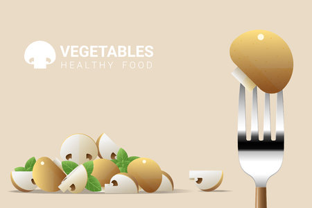Fresh mushroom on fork with pile of mushrooms background , healthy food concept , vector , illustrationのイラスト素材