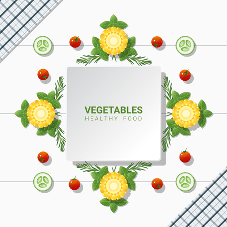 Flat lay Fresh vegetables on white table background , healthy food concept , vector , illustrationのイラスト素材