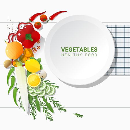 Flat lay Fresh vegetables on white table background , healthy food concept , vector , illustrationのイラスト素材