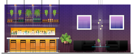 Interior scene of modern pub with bar counter , table and chairs , vector , illustrationのイラスト素材