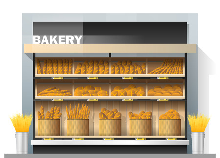 Different kinds of bread display on shelf in supermarket , vector , illustrationのイラスト素材
