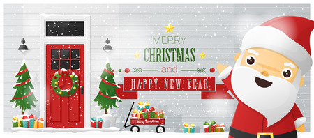 Merry Christmas and Happy New Year background with decorated Christmas front door and Santa Claus , vector , illustrationのイラスト素材