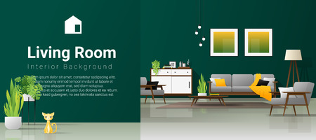 Interior background of modern living room in natural concept with wooden furniture , plants and green wall , vector , illustrationのイラスト素材