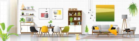 Modern house interior background with living and dining room combination , vector , illustrationのイラスト素材