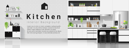 Interior background with modern black and white kitchen , vector , illustrationのイラスト素材