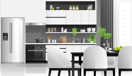 Interior background with modern black and white kitchen , vector , illustrationのイラスト素材