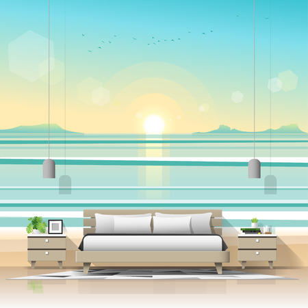Modern bedroom with tropical beach wallpaper background , vector , illustrationのイラスト素材