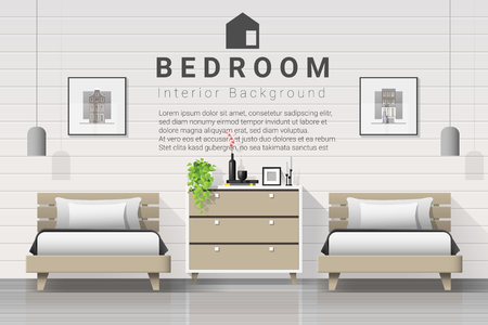 Interior background of modern bedroom with twin beds , vector , illustrationのイラスト素材