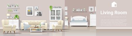 Modern country house interior background with living room and bedroom combination , vector , illustrationのイラスト素材