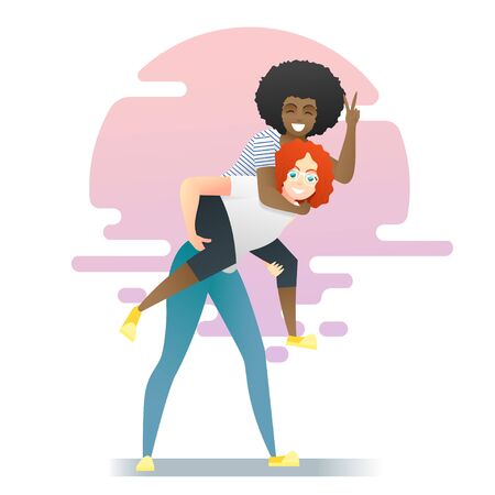 Friendship concept background with two young women having fun together, vector, illustrationのイラスト素材