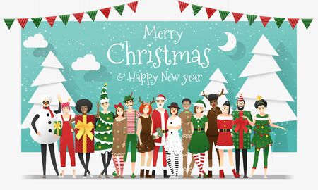 Merry Christmas and Happy New Year, group of teens in Christmas costume concept , vector, illustrationのイラスト素材