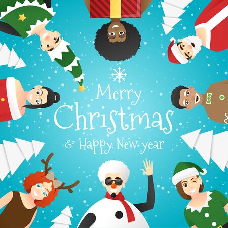Merry Christmas and Happy New Year, group of teens in Christmas costume concept , vector, illustrationのイラスト素材