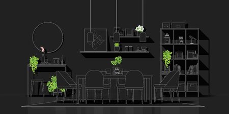 Interior design with modern dining room in white line sketch on black background , vector , illustrationのイラスト素材