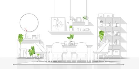 Interior design with modern dining room in black line sketch on white background , vector , illustrationのイラスト素材