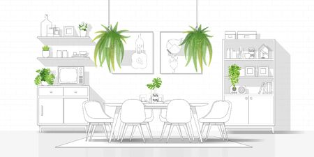 Interior design with modern dining room in black line sketch on white background , vector , illustrationのイラスト素材