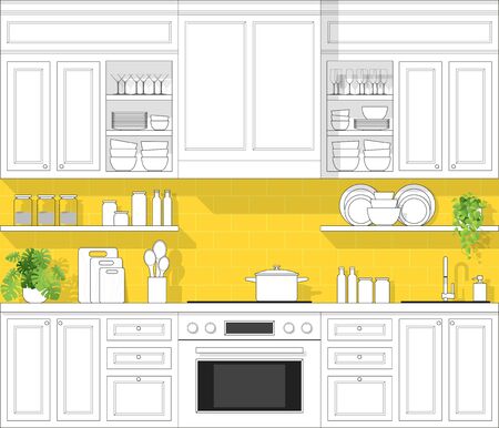 Interior design with modern kitchen in black line sketch on colorful backgroundのイラスト素材
