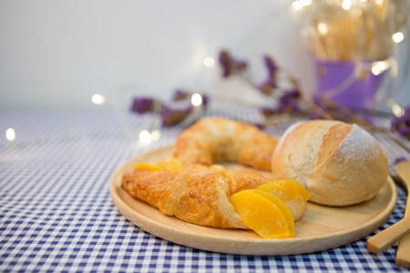 fruit pie on wood trayの写真素材