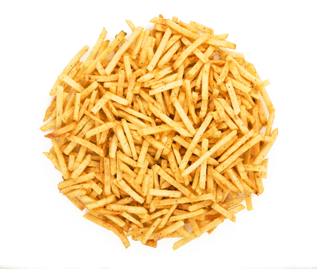 Potato chips, natural fried golden potato with spices, fast food, isolated on white background, top...