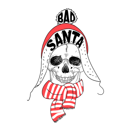 Portrait of Santa Claus. Santa claus cartoon skull. Lettering Bad Santa. Hand drawn typography for greeting card, postcard, poster, invitation, flyer, booklet. X-mas t-shirt illustration.のイラスト素材
