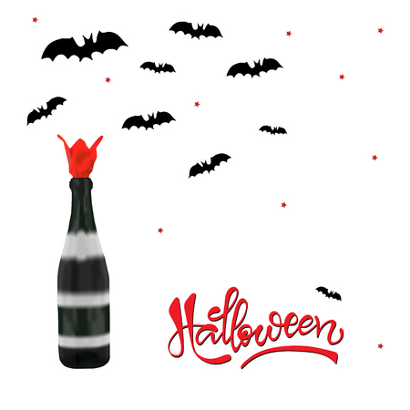 Champagne bottle with bats silhouettes on white background. Halloween party concept.のイラスト素材