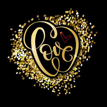 Love word gold hand drawn lettering. Valentines Day Design for print on card, poster, banner. Vectorのイラスト素材