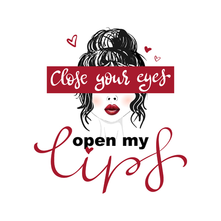 Open my lips slogan vector print with girl 3D lip illustration. For t-shirt or other uses, T-shirt graphics, textile graphicのイラスト素材