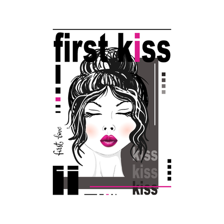 First Kiss. Typography slogan vector print with girl 3D lip illustration. For t-shirt or other uses, T-shirt graphics, textile graphicのイラスト素材