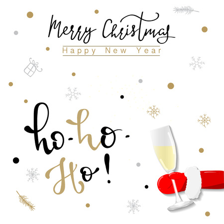 Hand drawn Santa Claus  with Ho ho ho text. Ho! Ho! Ho! Merry Christmas! Funny Christmas greeting card, invitation.のイラスト素材