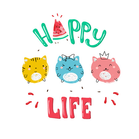 Happy Life slogan and cat illustration vector for print design.のイラスト素材