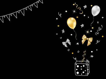 Collection of vector realistic gold birthday party objects with doodle element in a gift box.のイラスト素材