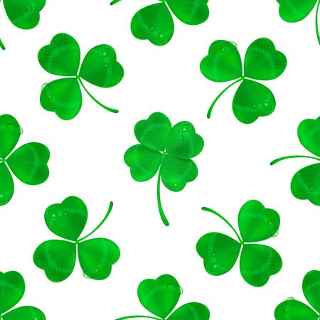 Vector four-leaf clover seamless pattern background. Lucky fower-leafed green background for Irish beer festival St Patrick's day. 3d realistic vector green grass clover isolated pattern backgroundのイラスト素材