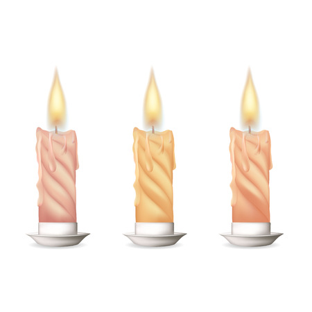 Wax candle, candle burn isolated on white background. Wax, fire, celebration, candlelight dinner, Christmas candle, religious attribute. 3D realistic vector effect.のイラスト素材