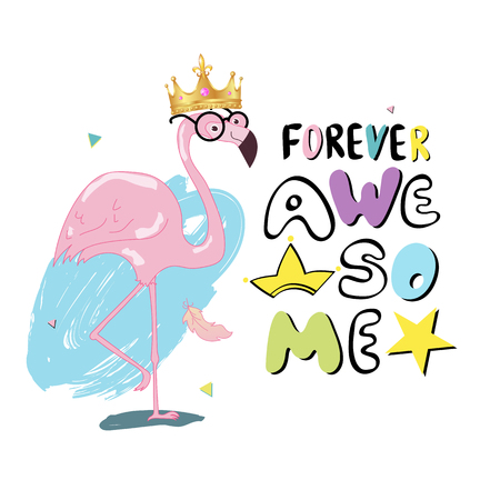 Forever Awesome slogan with flamingo in gold crown. Hand drawn vector illustration for print. Typography, t-shirt graphics, print, poster, bannerのイラスト素材