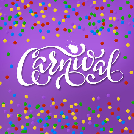 Carnival banner. Paper lettering label with colorful confetti. Holiday event sign. Festive poster. Vector illustration.のイラスト素材
