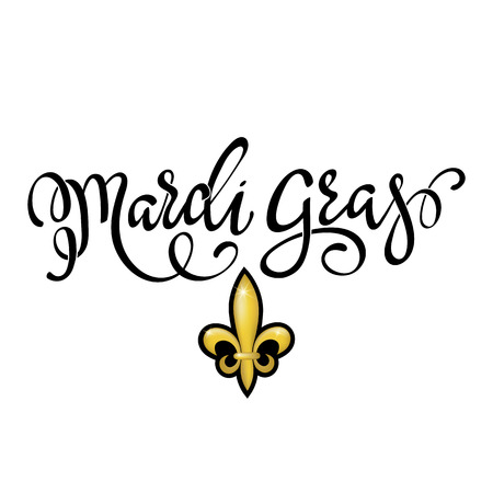 Happy Mardi Gras greeting card with gold Fleur-de-lis royal symbol and calligraphic lettering text design.のイラスト素材