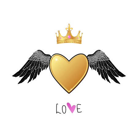 Shiny gold heart with angel wings and  realistic crown, love lettering slogan. vectorのイラスト素材