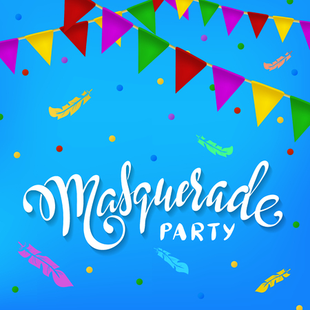 Masquerade party banner. White paper lettering label with colorful confetti and colorful realistic bunting flags. Holiday event sign. Festive poster. Vector illustration.のイラスト素材