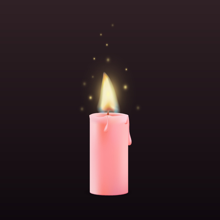 Vector 3d realistic wax pink candle, candle burn isolated dark background. Wax, fire, celebration, candlelight dinner, Christmas candle, religious attribute.のイラスト素材