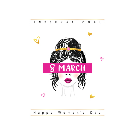 Happy Women's Day 8th March illustration, beautiful girl face with celebration text quote.のイラスト素材