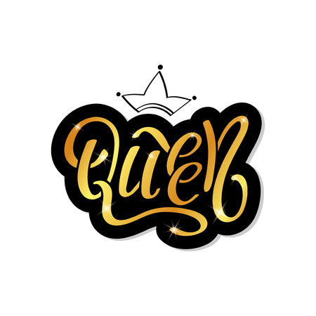 Hand lettering with word Queen and gold crown. Decorating of invitations, greeting, cards, t-shirts. Vector illustrationのイラスト素材