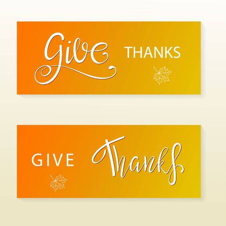 Give thanks hand painted lettering for Thanksgiving Day. Thanksgiving typography. Thanksgiving design for cards, prints, invitations. Lettering with red maple leavesのイラスト素材