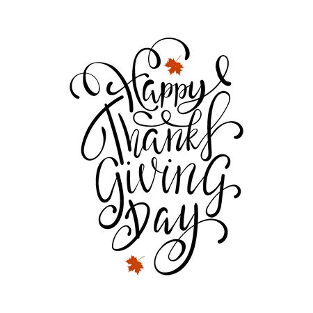 Hand painted Happy Thanksgiving lettering typography poster. Thanksgiving design for cards, prints, invitations. Black Lettering with red maple leaves on white backgroundのイラスト素材