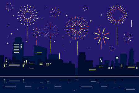 City holiday celebration panorama with fireworks show background design.のイラスト素材