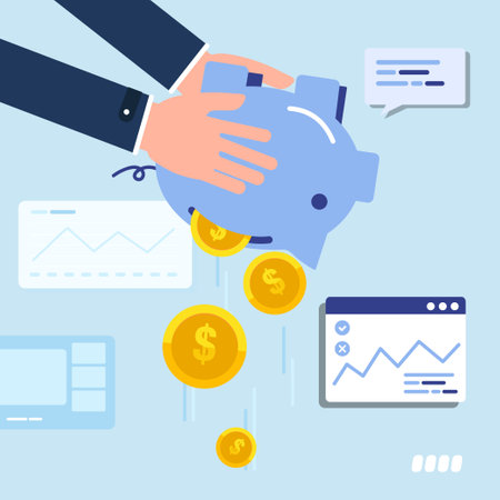 Business man Hands shaking piggy bank with Money Falling Down. Savings, Wealth vector illustration.のイラスト素材