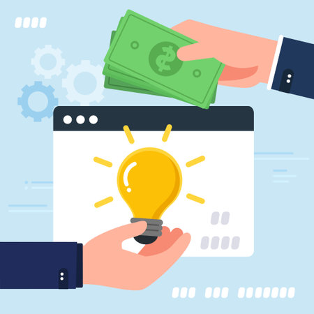 businessman hands with yellow shining bulb and money. creative idea and solution. Ideas exchange.のイラスト素材