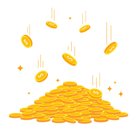 Gold coins falling on piles. Cash money pile. finance concept in flat styleのイラスト素材